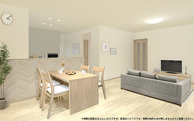 【1号棟　内観完成予想図】家族の会話が弾む対面キッチン♪リビング横には3帖のフリー収納スペースもあり、生活感を出さずにいつもスッキリ！