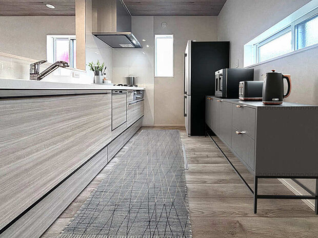 【【8号棟　キッチン　家具設置イメージ】】※画像に含まれる家具家電はCGで作成したイメージです。実際の物件には付帯しません