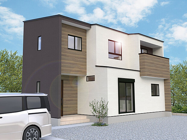 【【1号棟外観完成予想図】】リビングに隣接した書斎がポイントの家。ワークスペースとしてや読書コーナーとしても活用できそう♪