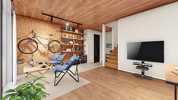 【【アウトドアを楽しむ家　施工イメージ】】タイルの床にOSB合板の壁。耐久性の高い二種類の素材を組み合わせることで、遊び心のあるアクティブさを演出したリビング。
※画像はイメージです