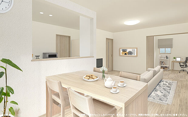 【【1号棟　リビング　内観パース】】リビングは16.2帖の広さで、開放感があり、家族が集まりやすい場所として設計されています♪
隣接する洋室とつながり、使い勝手の良い間取り！