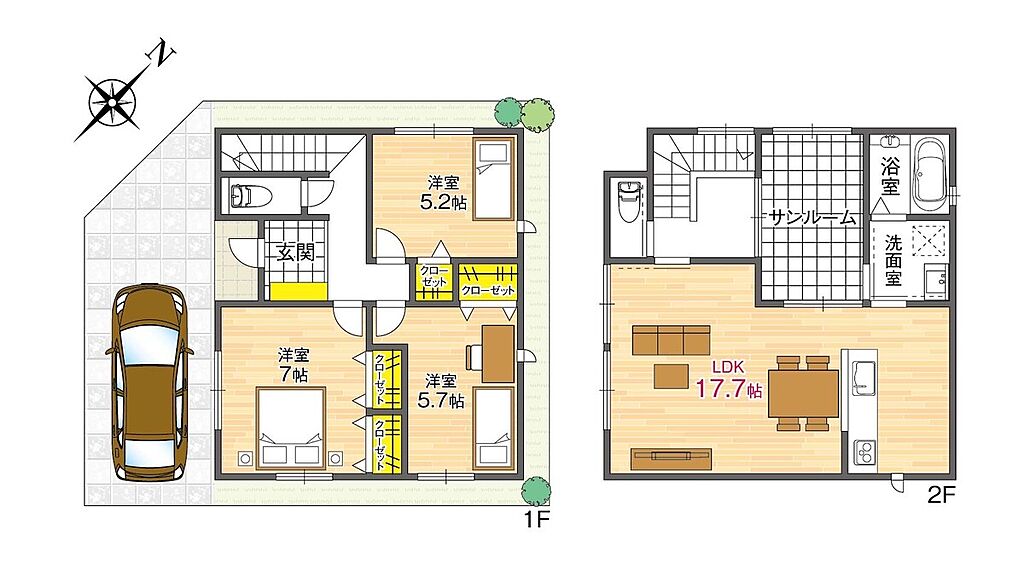 【10号地/間取り図】
2階にサンルームを備えた3LDKの間取り。サンルームは洗面室とつながっており、洗濯動線良好です。セカンドリビングとしての使用など多用途に活用できます。2025年2月完成予定！