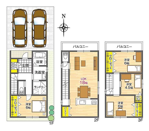 【3階建参考プラン】
2台分の駐車場を設けたプラン(車種による)。SICやパントリー含む全居室収納付きの住まいをご検討いただけます。