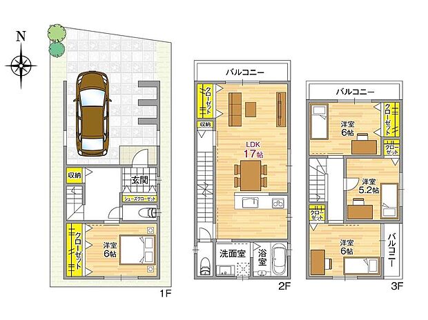 【【1号地参考プラン】】2階リビングの4LDKの間取りプラン。LDKは約17帖の広さを確保しています。全居室収納＋ホール収納も付いており、すっきりと片付けることができます。(建物面積105.17m2)