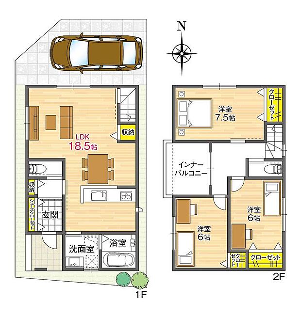 【【建築参考プラン/1号地】 】生活のメインスペースとなるLDKは約18.5帖。対面式キッチンやリビング階段仕様で、ご家族間のコミュニケーションを育みやすい間取りです。