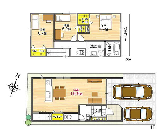 【【1号地／参考プラン】】生活のメインスペースとなるLDKは、19帖超の広々空間。WICやパントリー、SCLなど、収納豊富な間取りです。並列2台分の駐車スペースを確保できます(車種による)。