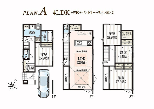 ■A号棟 4LDK+WIC+パントリー+リネン庫×2
1階:洋室5.2帖、リネン庫×2 2階LDK20.0帖、パントリー
3階:洋室7.2帖、洋室5.2帖+WIC、4.5帖
*上記建物面積に別途車庫部