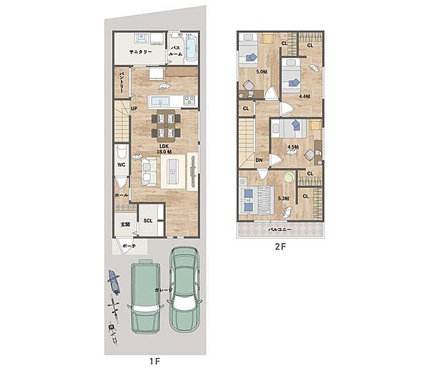 【間取図】
1階にLDKと水廻り、2階に居室を配置。LDKはゆとりのある約18.0帖！リビング階段を設け、ご家族のコミュニケーションも弾みそう◎豊富な収納が魅力の住まい！