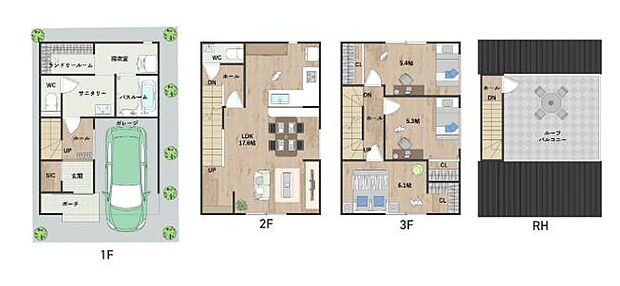 【2号地・コンセプトハウス】
ゆったりとしたランドリールームと脱衣室が特徴のサニタリースペースを1階に配置。開放的なルーフバルコニーは多彩に活用可能です◎《建物面積91.52m2》