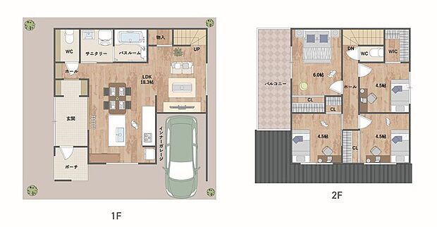 【1号地・間取り図】
生活動線の良い1階LDKを採用。ワイドサイズの玄関にはオープンタイプの収納を設置。採光を広く取り、明るく開放的な空間に仕上げました。2階には4部屋の個室を設けています。
