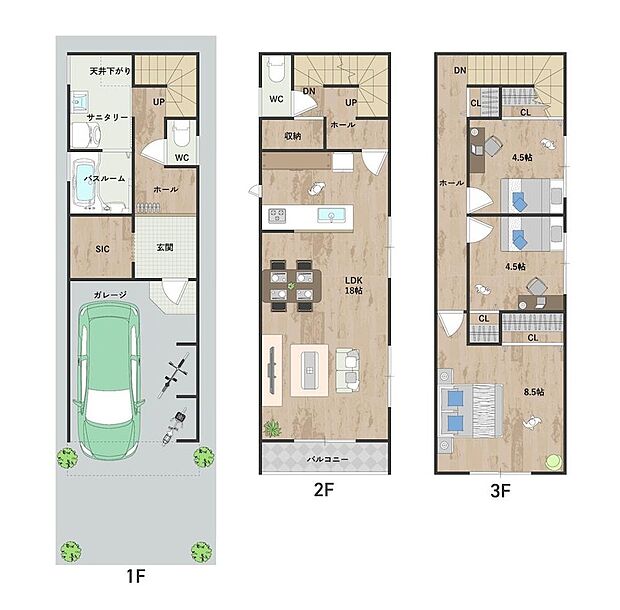 【3号地・参考プラン】
リビング~キッチンを一直線に並べ、開放的な団欒空間に。ベビーカーも仕舞えるSICや、2ヶ所の廊下収納など、収納力の高さも◎《建物面積103.68m2、建物価格1862万円》