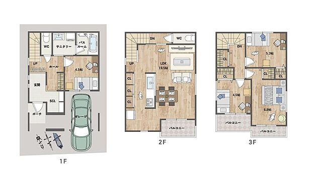 【間取り図】
1階に水回り、2階にLDKを配した南向きの住まい。LDKはゆったり19帖超、キッチンまわりをぐるりと一周できる回遊動線良好な間取りです。室内随所に豊富な収納スペース有。