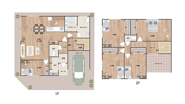 南向き、5LDKの住まい。LDKは約21.1帖、2階の洋室4部屋は7帖以上の広さが確保された、ゆとりある間取り設計です。カースペースは1台駐車可能(車種による)。