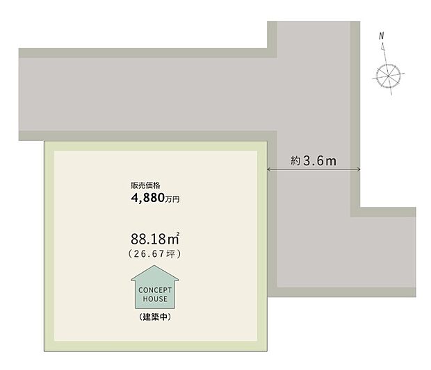 【全体区画図】
北東角地に位置する4LDK新築戸建て。敷地面積は約26.67坪、前面道路の幅員は約3.6mです。JR大阪環状線「寺田町」駅まで徒歩14分の立地!