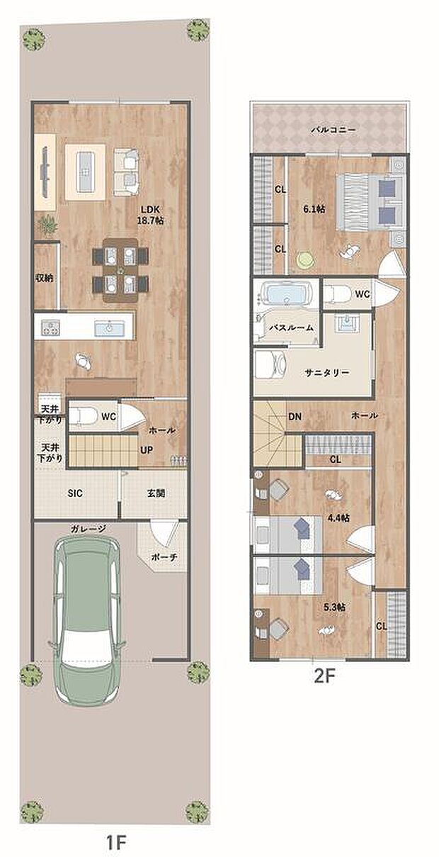 【2号地・参考プラン図】
LDKは約18.7帖あり、家具を配置しやすいです。SICをはじめ、随所に機能的な収納を設けており、住空間を有効活用できます。《建物面積96.59m2、建物価格2032万円》