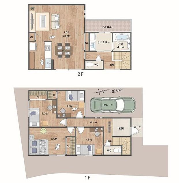 壁面が多く、自由なレイアウトが叶うLDKは20帖超の大空間！バルコニーはサニタリールームと直結し、家事効率もアップ◎1階には4部屋の個室付き。《建物面積100.44m2、建物価格1716万円》
