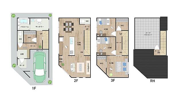 約19帖の2階LDKは、キッチンを真ん中に配置した回遊できる動線で家事効率もアップ。ダイニング、リビングを分けることができる形状です。《建物面積100.75m2、建物価格1809万円》