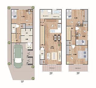 2階にLDKと水回りを集約した、家事・生活動線良好なプラン。バルコニーも同フロアにあり、洗濯動線もスムーズです。玄関には大容量のSIC付き。《建物面積 109.33m2、建物価格1868万円》 