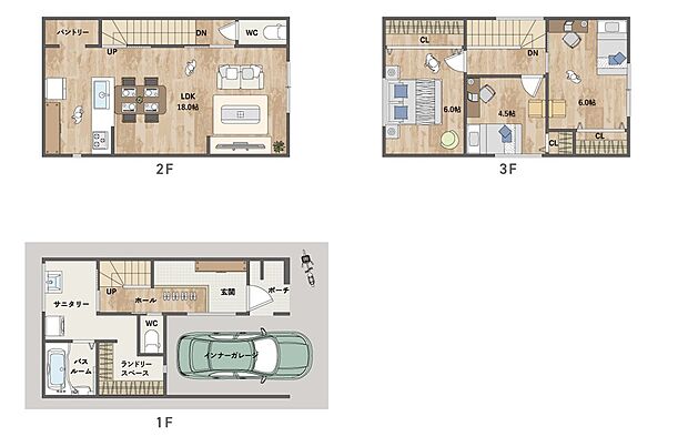 【3LDK】2階LDKは約18帖のゆとりある広さ。家族のコミュニケーションが捗る対面式キッチンを採用しています。キッチン横には大容量のパントリー、各洋室にはクローゼットが備わっています。