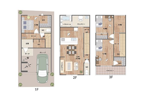 採光やプライバシーに配慮した2階LDKプラン。2階に水回りを集約し家事動線良好です。WIC2箇所、SIC、納戸など豊富な収納があり、すっきりと片付いた暮らしが叶います。《建物面積97.19m2、建物価格1745万円》