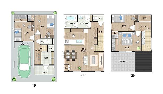 【4LDK】LDKや水回りを2階に配置し、プライバシー面にも配慮。18帖超のLDKには、コミュニケーションが取りやすい、対面式キッチンやリビング階段を採用しています。室内各所に収納付きで、住空間を有効活用できるのも魅力◎