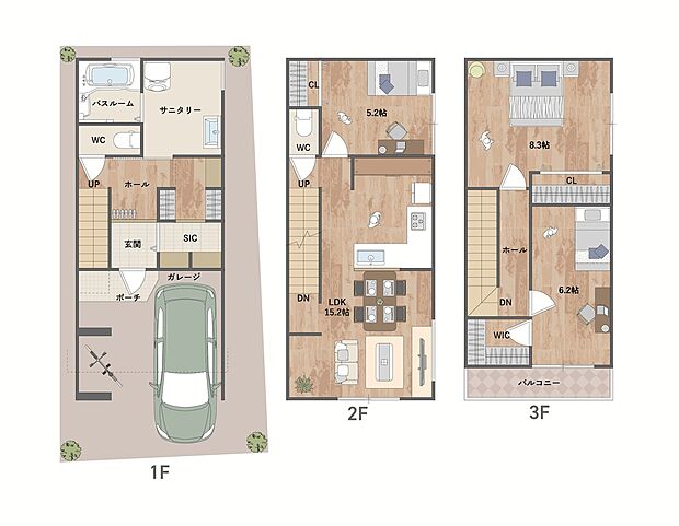 ゆとりある広さが魅力の「3LDK」の住まい。洋室3部屋は約5.2帖～約8.3帖と、ゆったりと寛げるプライベート空間です。《建物面積96.58m2、建物価格2032万円》