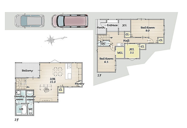 ２台駐車可能な現地は南向きバルコニー・LDK21畳・ファミリークローク・シューズクローク完備の暮らしやすさにこだわった一邸です。