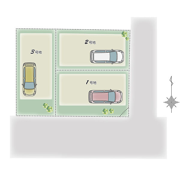【全体区画図】
南向き、角地の区画を含む全3区画が登場。