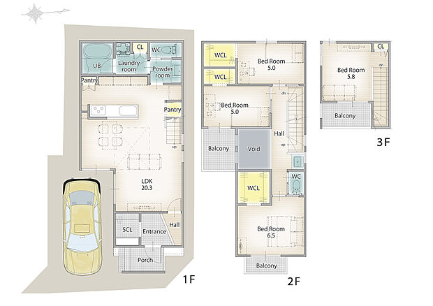 （建物面積約102.99m2、4LDK、建物標準価格 2035万円（税込み）が別途かかります）
20畳以上の吹き抜けリビングを採用した開放的なプラン。
大容量WCL付きで収納量も充実しています。
2階にはセカンド洗面を設け、来客時の動線にも配慮した設計です。