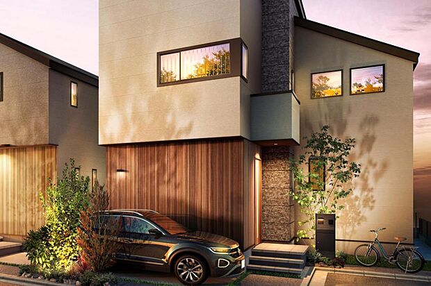 【外観完成予想図】板目の濃淡が美しい木調の外壁で統一したファサードには、季節ごとに表情が変化する植栽を計画的に配置。