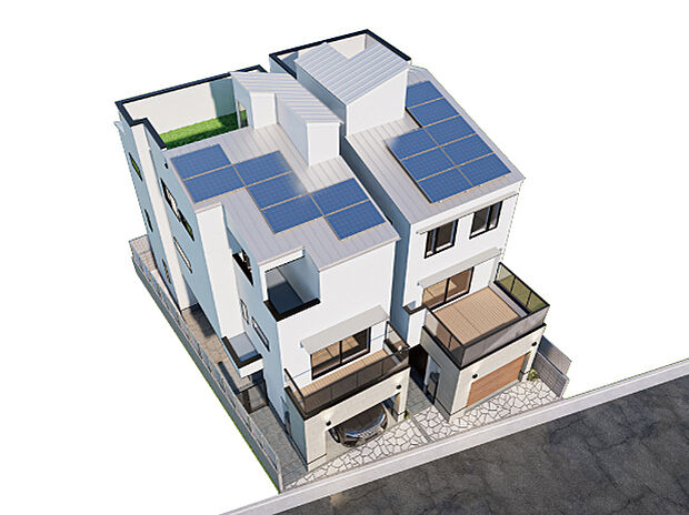 建物完成予想パース/屋上には人工芝とウッドデッキ敷のルーフバルコニー付き、開放的な空間でご家族団欒の時間をお過ごしいただけます。災害時も安心な太陽光発電・蓄電池・ハイブリッド給湯器を採用。