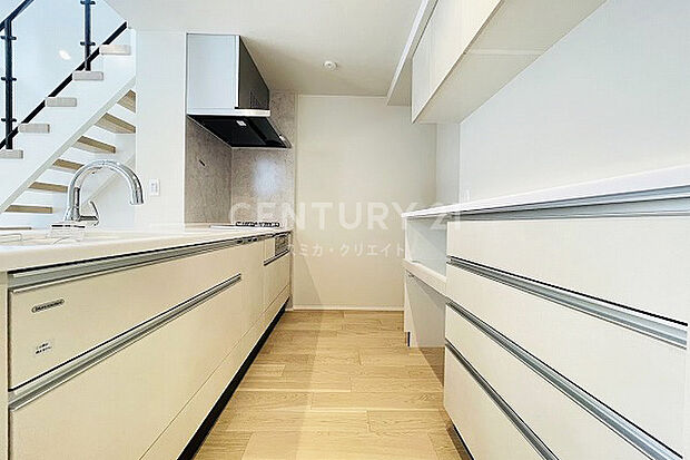 【システムキッチン】毎日の家事負担を軽減する食器洗浄乾燥機付き、背面には大型のカップボード付きで食器類や調理家電などをたっぷりと収納できます。