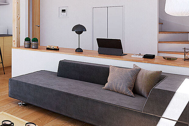 【ステージリビング】
LDKにいる家族の気配を感じながら、趣味や勉強など自分時間を過ごすことのできるスペースを設置しました。※号棟により採用状況が異なります。