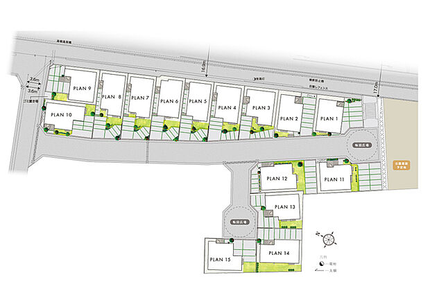 【絆が育まれる街区計画】
アプローチの連なりやカースペースを抱き合わせにすることで開放感を創出。分譲地内道路は、車が無い時は住民同士のコミュニティの場や子どもの遊び場として利用できます。