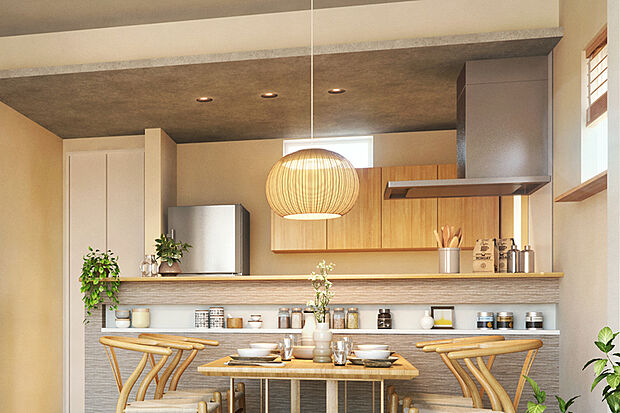 【【ハイオープンキッチン】】家事をしながら家族の顔が見えるハイオープンキッチン。コミュニケーションがしっかり取れます。※腰壁形状は異なります。ニッチは該当号棟のみになります。