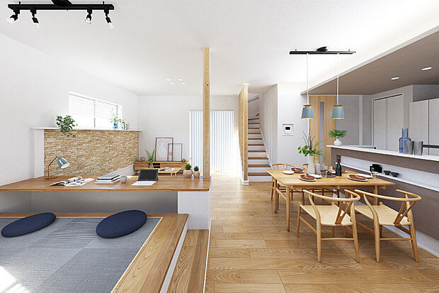 【【暮らしの場面を心地よさで彩るインナーデザイン】】LDKとつながる2スタイルの空間をご用意しました。家族のコミュニケーションを大切にしながら、ライフシーンに合わせた使い方ができる個性的なプラン。照明や収納、インテリアなどきめ細やかな空間デザインが心地