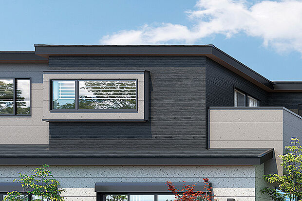 【【軒の深い寄棟】】邸宅感を醸し出す軒に深さがある寄棟を大屋根に採用しました。青空に映えるラインが品のあるファサードに仕上げます。