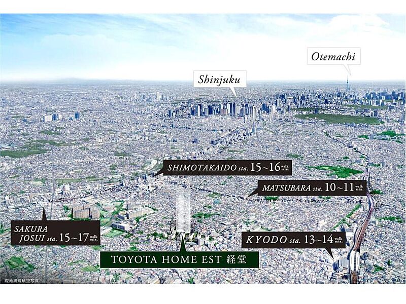 現地周辺の空撮（2023年4月撮影）。都心に近く、複数路線を使える利便性が高いポジショニング。