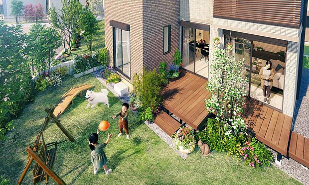 子供と、ペットと楽しく過ごせる広い庭、広いLDK。家族の想い出をがふえていく、丘上の邸宅。(外観完成予想CG)