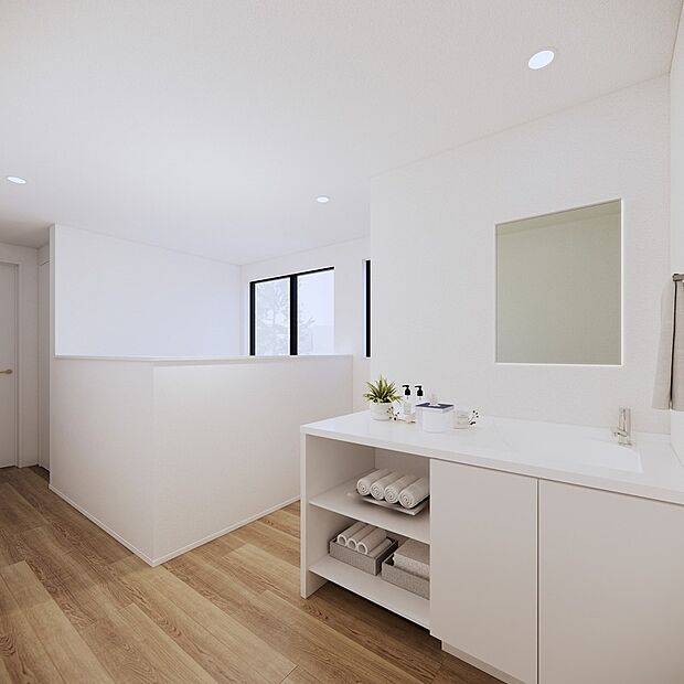 【2F洗面】朝の混雑を分散できる、2階に設けた洗面化粧台。家族それぞれの生活動線に寄り添う、使い勝手の良い設備です。