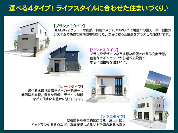 【選べる４タイプ！ライフスタイルに合わせた住まいづくり！】お客様のご希望に合わせ全４タイプからお選びいただける自由設計の住まい！
お客様のご希望をヒアリングし、間取りや外観デザインなどご提案いたします。
