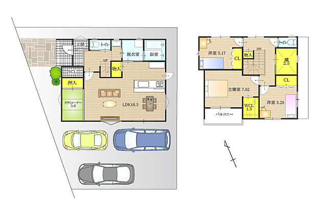 【3SLDK】水廻りをまとめ、2wayの洗面室から1階全体を回遊できる家事ラク間取り。寛げるタタミコーナーを合わせて約21帖の家族が集いやすい広々LDK&収納充実の住まいです!