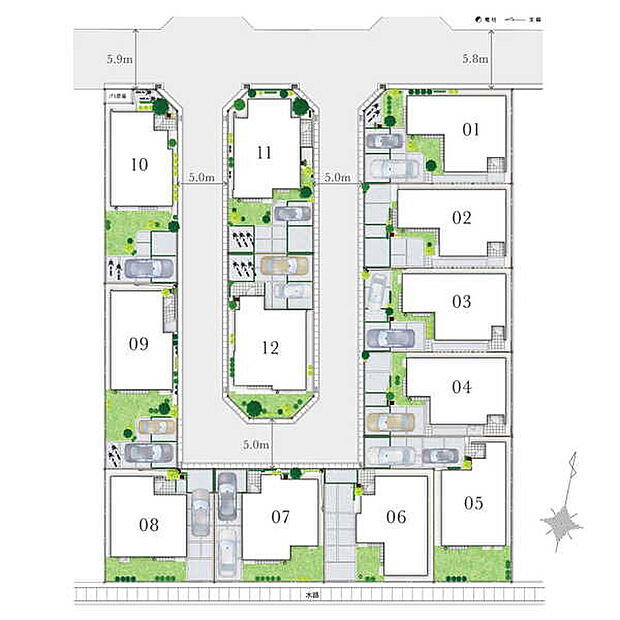 【-】庭とカースペースを設けたオープンな外構が開放感を生み出す12邸を開発道路沿いにプランニング。庭とカースペースを組み合わせることで、陽をたっぷりと採り込むよう計画した街区デザインです。