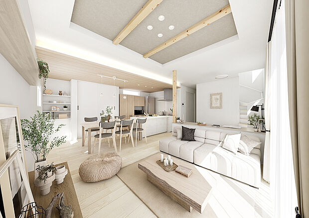 【【5号棟インナーデザイン/ステージリビング】】半個室感覚のある小上がりになったステージ空間。リビングの開放感はそのままに段差でゆるやかに空間をゾーニングし、家族の気配を感じながら仕事や勉強に集中したり、趣味などの自分時間を楽しむ空間を実現。