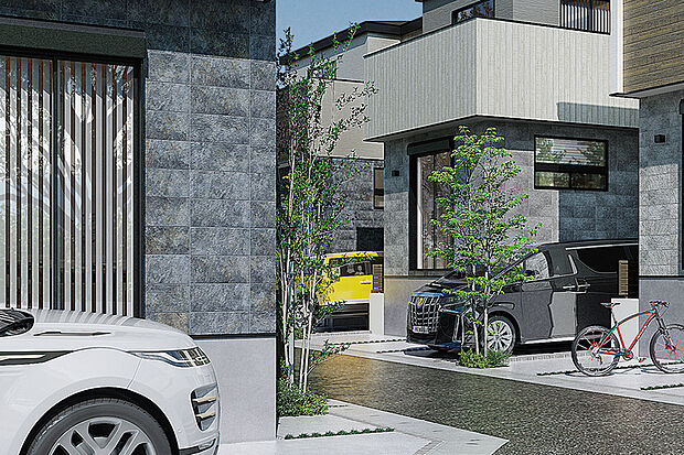 【【四季を瑞々しく彩る植栽】】シンボルツリーのシマトネリコなど、鮮やかな緑が邸宅のアクセントとなる植栽を施しました。街並みに瑞々しい景観を創出し、周囲の風景との調和を描きます。