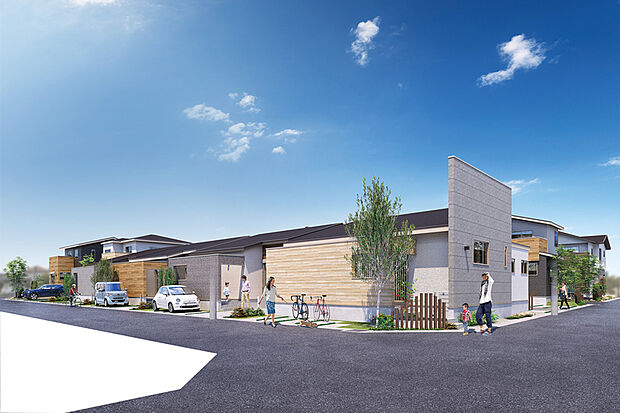 【光と風を感じる4棟平屋のある住まい】建物の間にフットパスを設け、玄関を内側に配置。南側を平屋とすることで分譲地の奥の住まいまで光を届ける設計に。