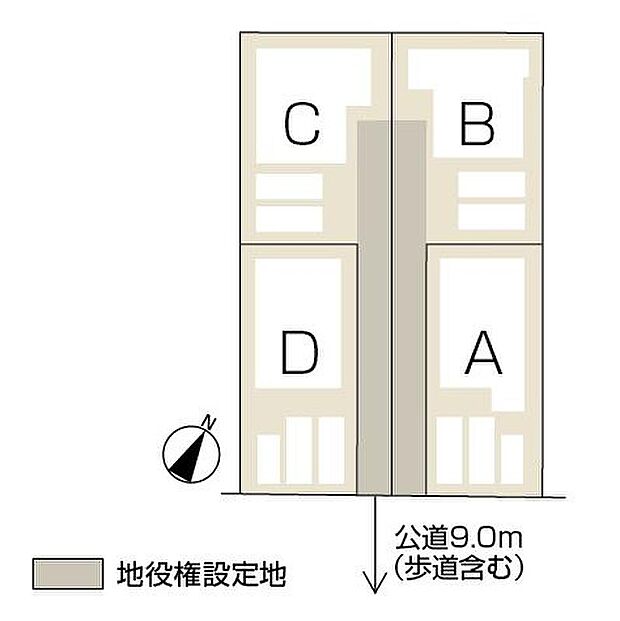 【全体区画図】A・D棟　並列3台駐車可能
B・C棟　プライバシー重視の区画