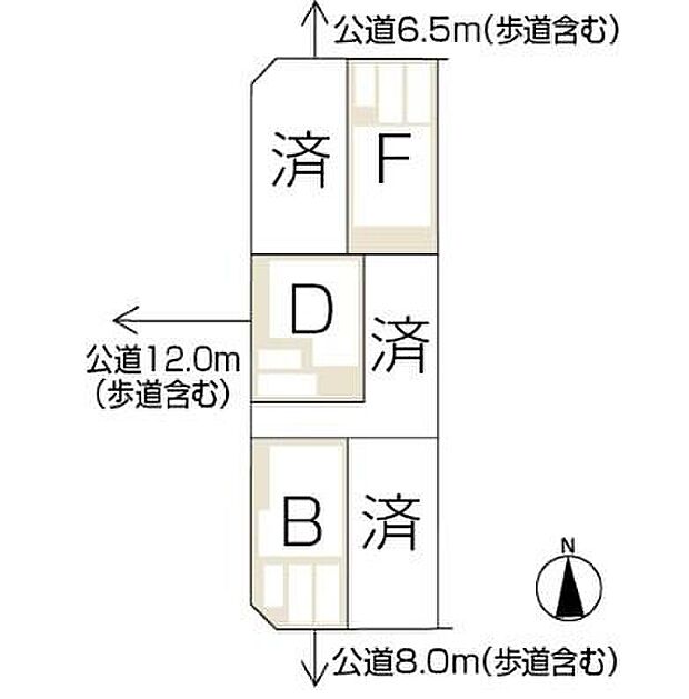 【全体区画図】ゆとりある幅員の公道に面した分譲地。見通しのよい道路環境で、毎日の車の出入りもスムーズです。