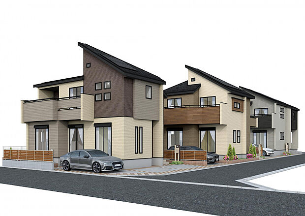 【完成予想図（外観）】　個性の異なる外観と様々な暮らし方に寄り添うこだわりの間取設計。日々の暮らしを豊かにする、機能性とデザイン性を兼ね備えた住まいです。