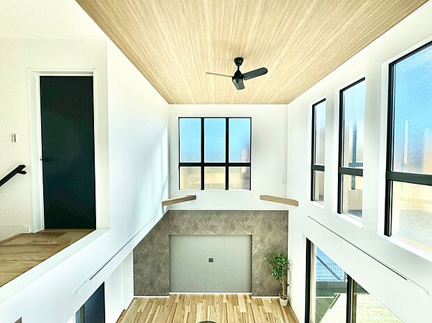 【吹き抜け】【施工例】この大開口の吹き抜けは、小さなエネルギーで心地よく暮らせる「パッシブデザイン」の考え方を採用しています。冬でも陽射しがたっぷり入り込み、ぽかぽかと暖かく、家全体が明るくなります。